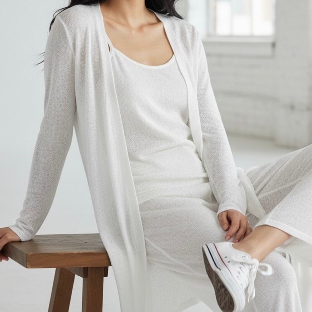 J Jill Linen Blend Open Knit Long Line Cardigan Women's 1X White Beachy